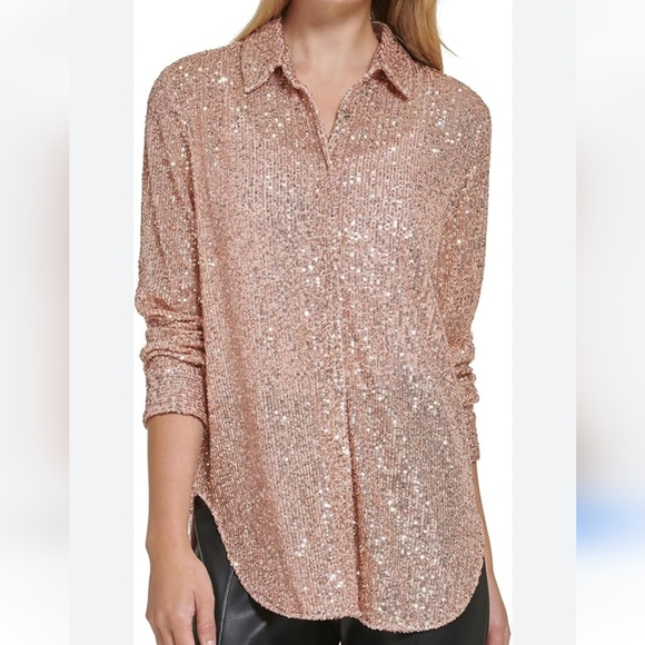 Calvin Klein Tops - 1. NWOT Calvin Klein Sequin Button Front Longsleeve Blouse Champagne Gold